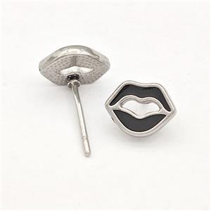 Raw Stainless Steel Lip Stud Earring Black Enamel, approx 7-8mm [SSB5745]