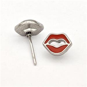 Raw Stainless Steel Lip Stud Earring Red Enamel, approx 7-8mm [SSB5746]