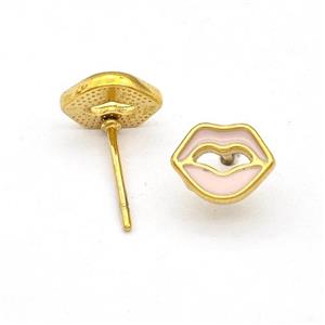 Stainless Steel Lip Stud Earring Pink Enamel Gold Plated, approx 7-8mm [SSB5748]