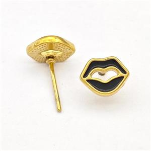 Stainless Steel Lip Stud Earring Black Enamel Gold Plated, approx 7-8mm [SSB5749]