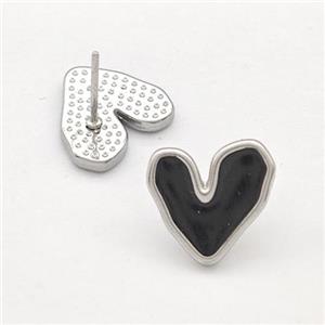 Raw Stainless Steel Heart Stud Earring Black Enamel, approx 12-13mm [SSB5752]