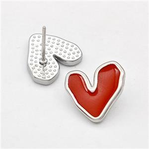 Raw Stainless Steel Heart Stud Earring Red Enamel, approx 12-13mm [SSB5754]