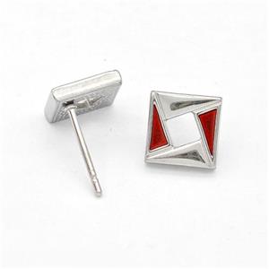 Raw Stainless Steel Square Stud Earring Red Enamel, approx 8mm [SSB5756]