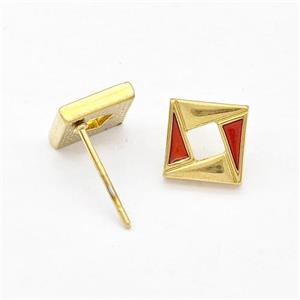 Stainless Steel Square Stud Earring Red Enamel Gold Plated, approx 8mm [SSB5758]