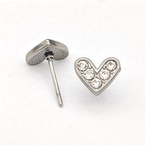 Raw Stainless Steel Hear Stud Earrings Pave Rhinestone, approx 8.5mm [SSB5759]