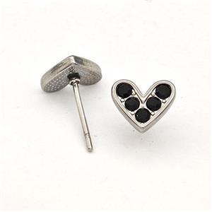 Raw Stainless Steel Hear Stud Earrings Pave Black Rhinestone, approx 8.5mm [SSB5760]
