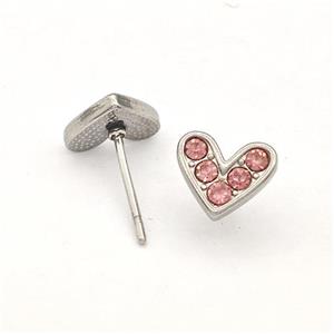 Raw Stainless Steel Hear Stud Earrings Pave Pink Rhinestone, approx 8.5mm [SSB5761]