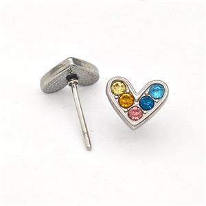 Raw Stainless Steel Hear Stud Earrings Pave Multicolor Rhinestone, approx 8.5mm [SSB5762]