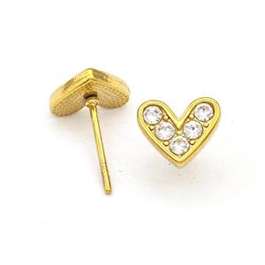 Stainless Steel Hear Stud Earrings Pave Rhinestone Gold Plated, approx 8.5mm [SSB5763]
