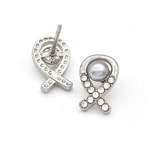 Raw Stainless Steel Stud Earring Pave Rhinestone Pearlized Resin Awareness Ribbons, approx 7-11mm [SSB5768]