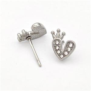 Raw Stainless Steel Heart Stud Earrings Pave Rhinestone Crown, approx 9-10mm [SSB5771]