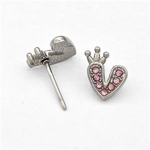 Raw Stainless Steel Heart Stud Earrings Pave Pink Rhinestone Crown, approx 9-10mm [SSB5772]