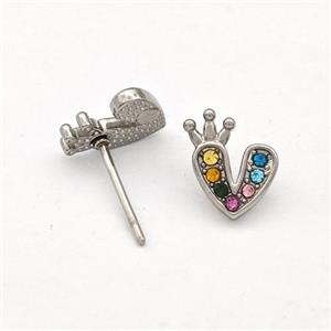 Raw Stainless Steel Heart Stud Earrings Pave Multicolor Rhinestone Crown, approx 9-10mm [SSB5773]