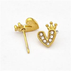 Stainless Steel Heart Stud Earrings Pave Rhinestone Crown Gold Plated, approx 9-10mm [SSB5774]