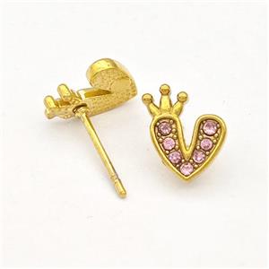 Stainless Steel Heart Stud Earrings Pave Pink Rhinestone Crown Gold Plated, approx 9-10mm [SSB5775]