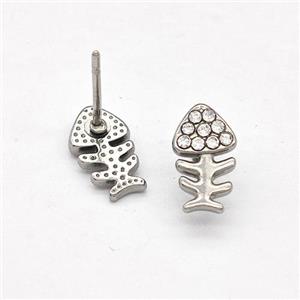 Raw Stainless Steel Fishbone Stud Earrings Pave Rhinestone, approx 6-10mm [SSB5777]