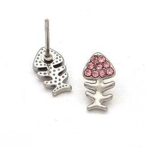 Raw Stainless Steel Fishbone Stud Earrings Pave Pink Rhinestone, approx 6-10mm [SSB5778]