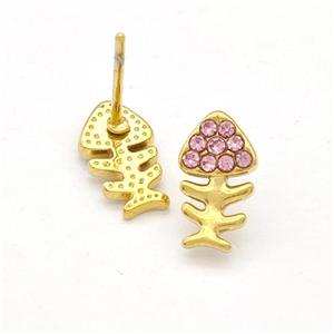 Stainless Steel Fishbone Stud Earrings Pave Pink Rhinestone Gold Plated, approx 6-10mm [SSB5781]