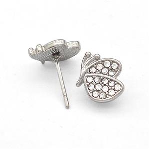 Raw Stainless Steel Butterfly Stud Earrings Pave Rhinestone, approx 9-10mm [SSB5783]