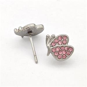 Raw Stainless Steel Butterfly Stud Earrings Pave Pink Rhinestone, approx 9-10mm [SSB5784]
