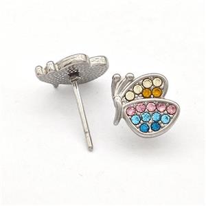 Raw Stainless Steel Butterfly Stud Earrings Pave Rhinestone, approx 9-10mm [SSB5785]