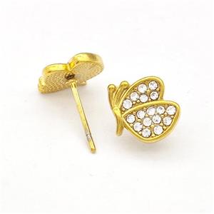 Stainless Steel Butterfly Stud Earrings Pave Rhinestone Gold Plated, approx 9-10mm [SSB5786]