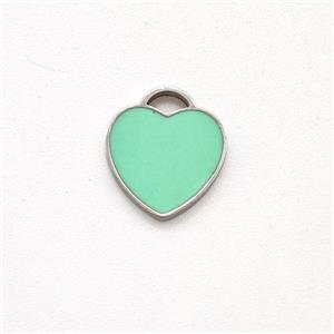 Raw Stainless Steel Heart Pendant Green Enamel, approx 9mm [SSB5913]