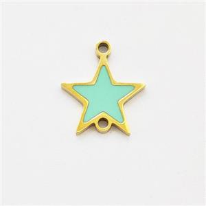 Stainless Steel Star Connector Green Enamel Gold Plated, approx 9.5mm [SSB5922]
