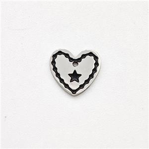 Raw Stainless Steel Heart Pendant Black Enamel Star, approx 8mm [SSB5924]