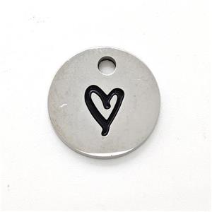Raw Stainless Steel Circle Pendant Black Enamel Heart, approx 14mm [SSB5926]