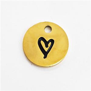 Stainless Steel Circle Pendant Black Enamel Heart Gold Plated, approx 14mm [SSB5927]