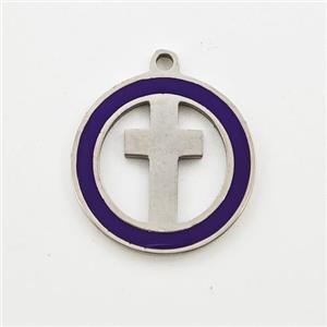 Raw Stainless Steel Cross Pendant Circle Purple Enamel, approx 16mm [SSB5946]