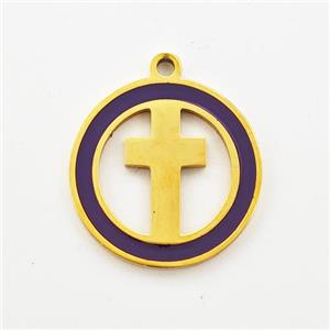 Stainless Steel Cross Pendant Circle Purple Enamel Gold Plated, approx 16mm [SSB5947]