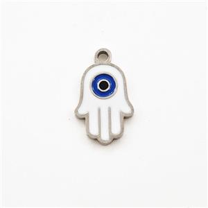 Raw Stainless Steel Hand Pendant White Enamel Evil Eye, approx 7-10mm [SSB5964]