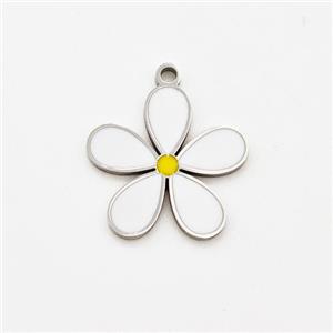 Raw Stainless Steel Flower Pendant White Enamel, approx 14mm [SSB5984]