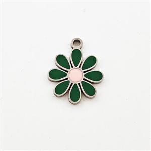 Raw Stainless Steel Flower Pendant Green Enamel, approx 11mm [SSB5986]