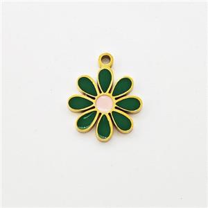 Stainless Steel Flower Pendant Green Enamel Gold Plated, approx 11mm [SSB5987]