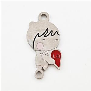 Raw Stainless Steel Kids Boy Connector Split Heart Red Enamel, approx 11-17mm [SSB5990]