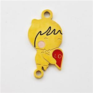 Stainless Steel Kids Boy Connector Split Heart Red Enamel Gold Plated, approx 11-17mm [SSB5991]