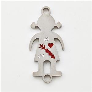 Raw Stainless Steel Kids Girls Connector Split Heart Red Enamel, approx 10-18mm [SSB5994]