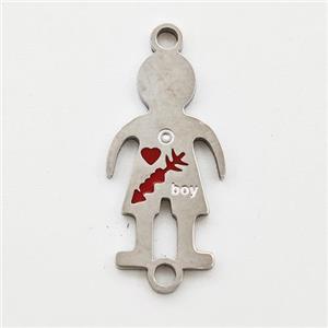 Raw Stainless Steel Kids Boy Connector Split Heart Red Enamel, approx 10-18mm [SSB5996]