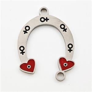 Raw Stainless Steel Horseshoe Pendant Heart Red Enamel, approx 17-18mm [SSB5999]