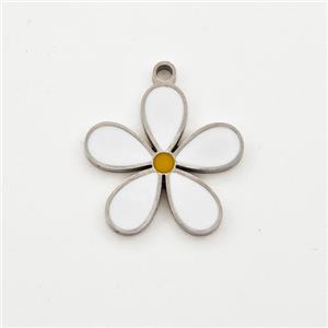 Raw Stainless Steel Flower Pendant White Enamel, approx 14mm [SSB6001]