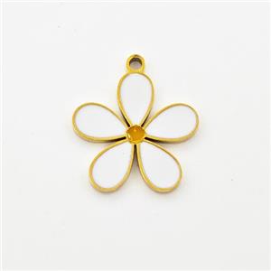 Stainless Steel Flower Pendant White Enamel Gold Plated, approx 14mm [SSB6002]