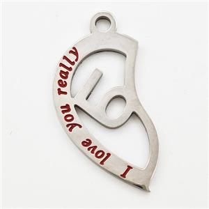 Raw Stainless Steel Split Heart Pendant Enamel LOVE, approx 14-23mm [SSB6004]