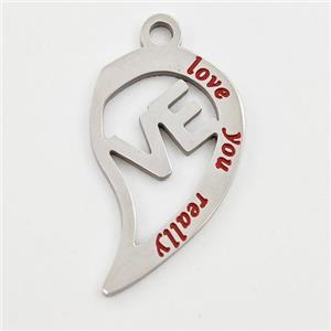 Raw Stainless Steel Split Heart Pendant Enamel LOVE, approx 14-23mm [SSB6005]