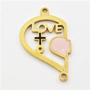 Stainless Steel Split Heart Connector Girl LOVE Pink Enamel Gold Plated, approx 15-18mm [SSB6013]
