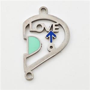 Raw Stainless Steel Split Heart Connector Boy LOVE Green Enamel, approx 15-18mm [SSB6014]
