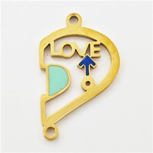 Stainless Steel Split Heart Connector Boy LOVE Green Enamel Gold Plated, approx 15-18mm [SSB6015]
