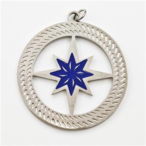 Raw Stainless Steel Compass Pendant Blue Enamel, approx 28mm [SSB6030]